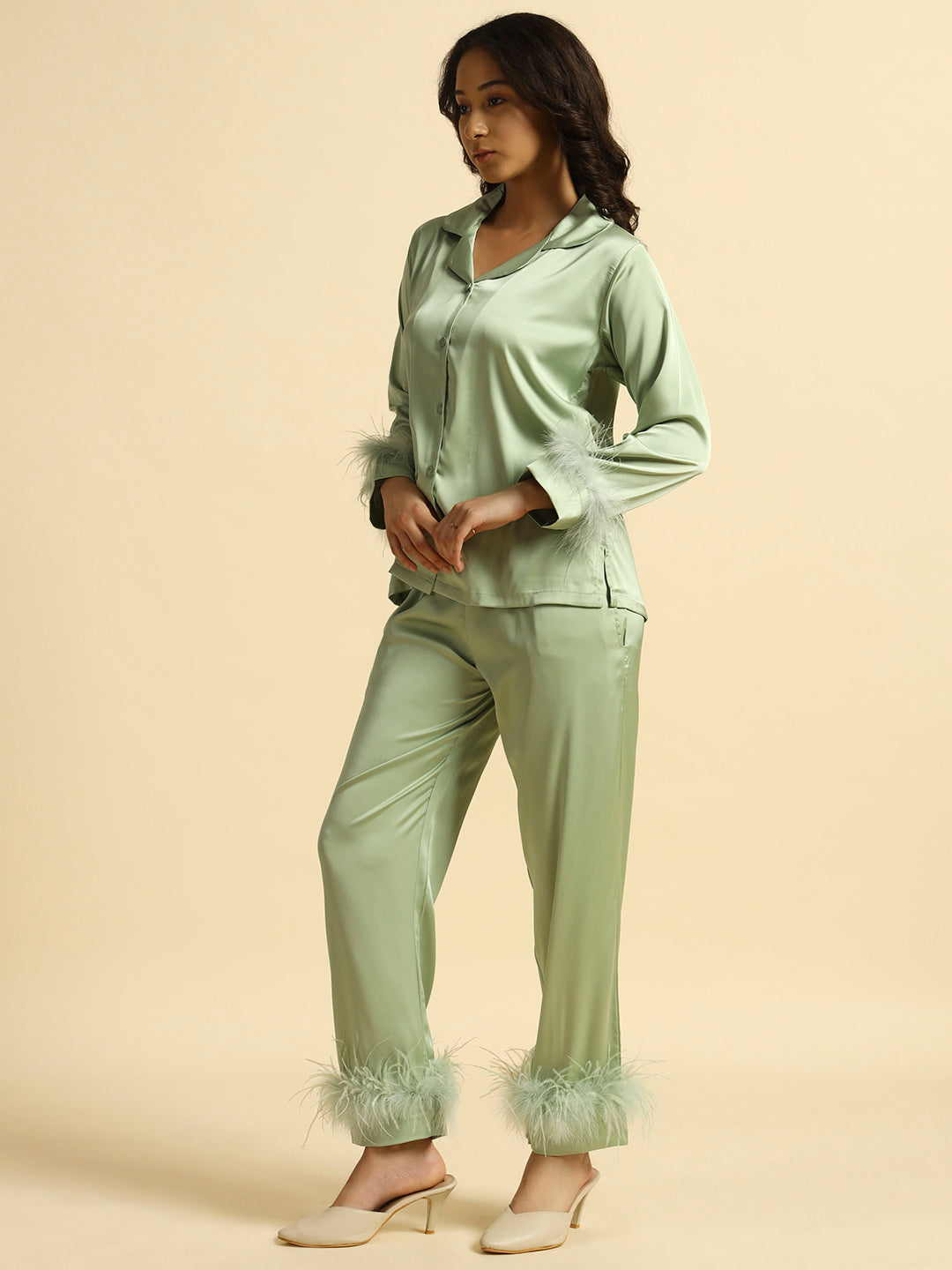 Fur-Frill Satin Co-ord sage green