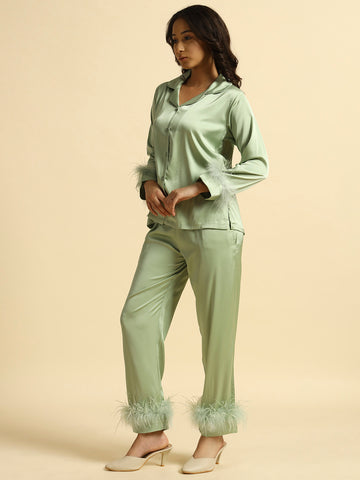 Fur-Frill Satin Co-ord sage green
