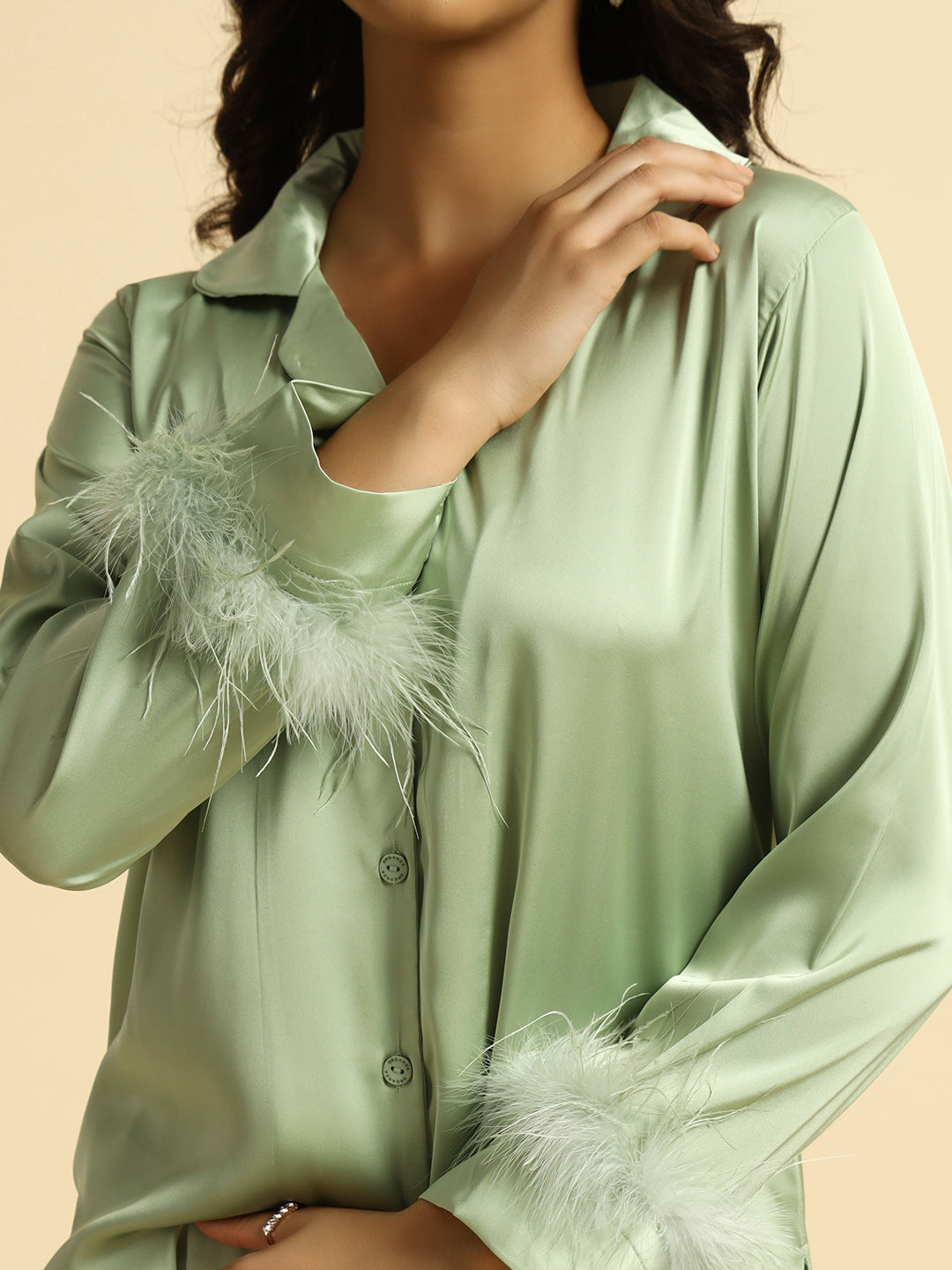 Fur-Frill Satin Co-ord sage green
