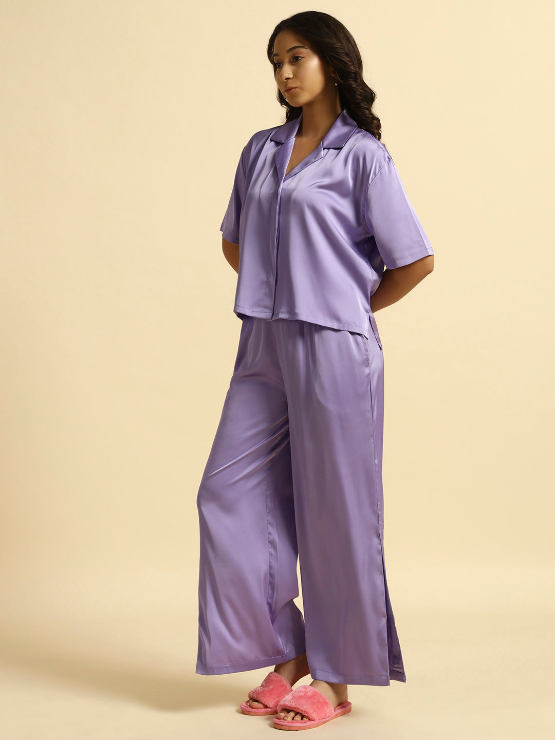 Purple Tulip - Collared Satin Set