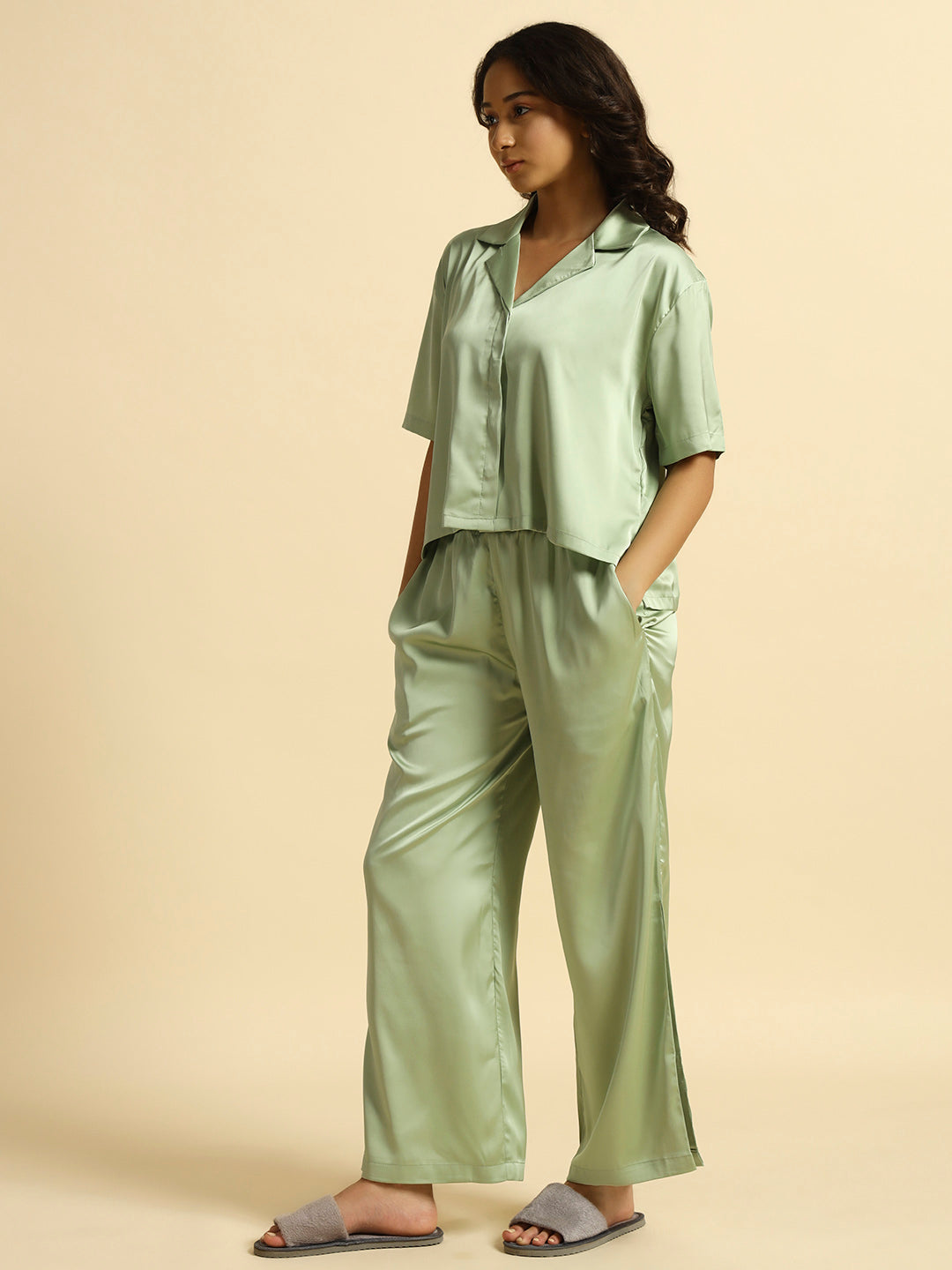 Sage Green - Collared Satin Set