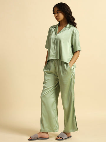 Sage Green - Collared Satin Set