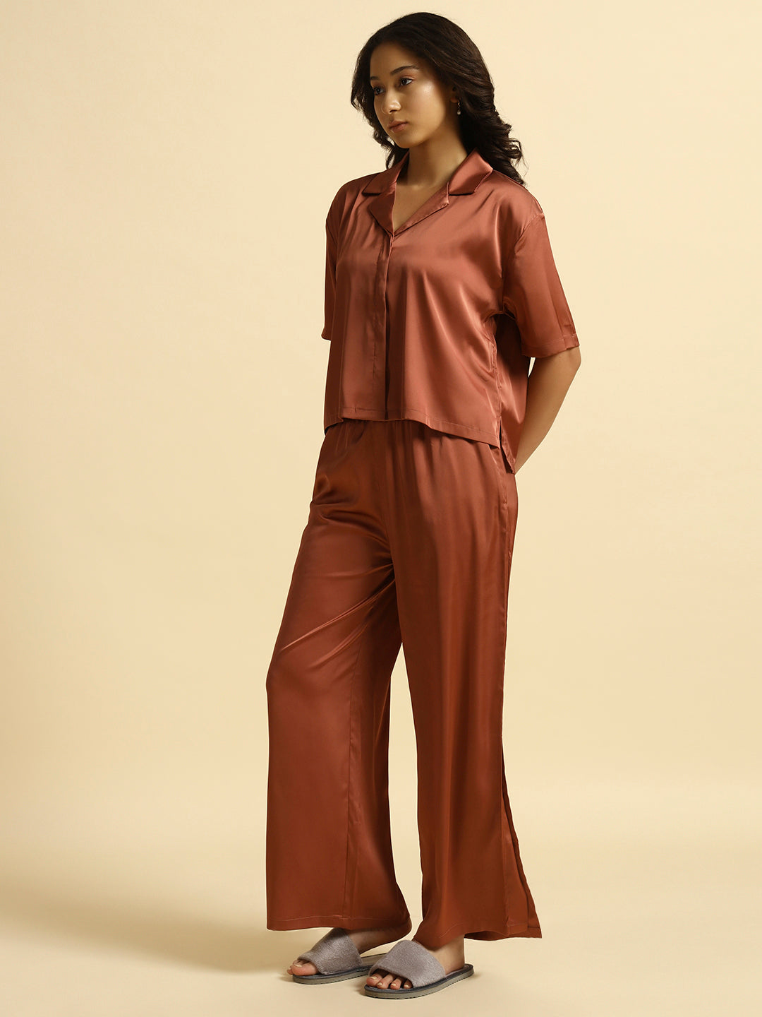 Coffee Brown -Collared Satin Set