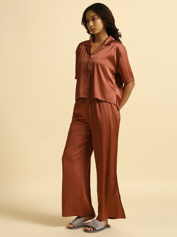 Coffee Brown -Collared Satin Set