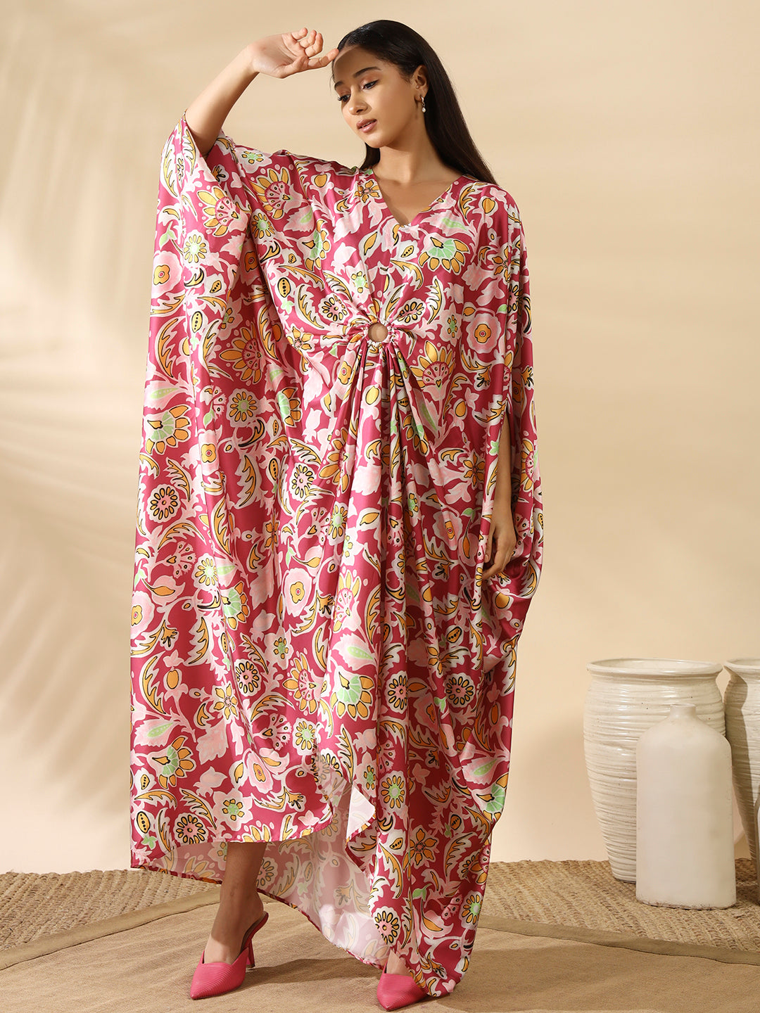 Selora Pink Satin Kaftan