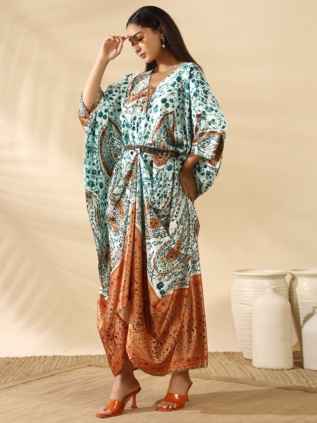 Green Rust Satin Kaftan