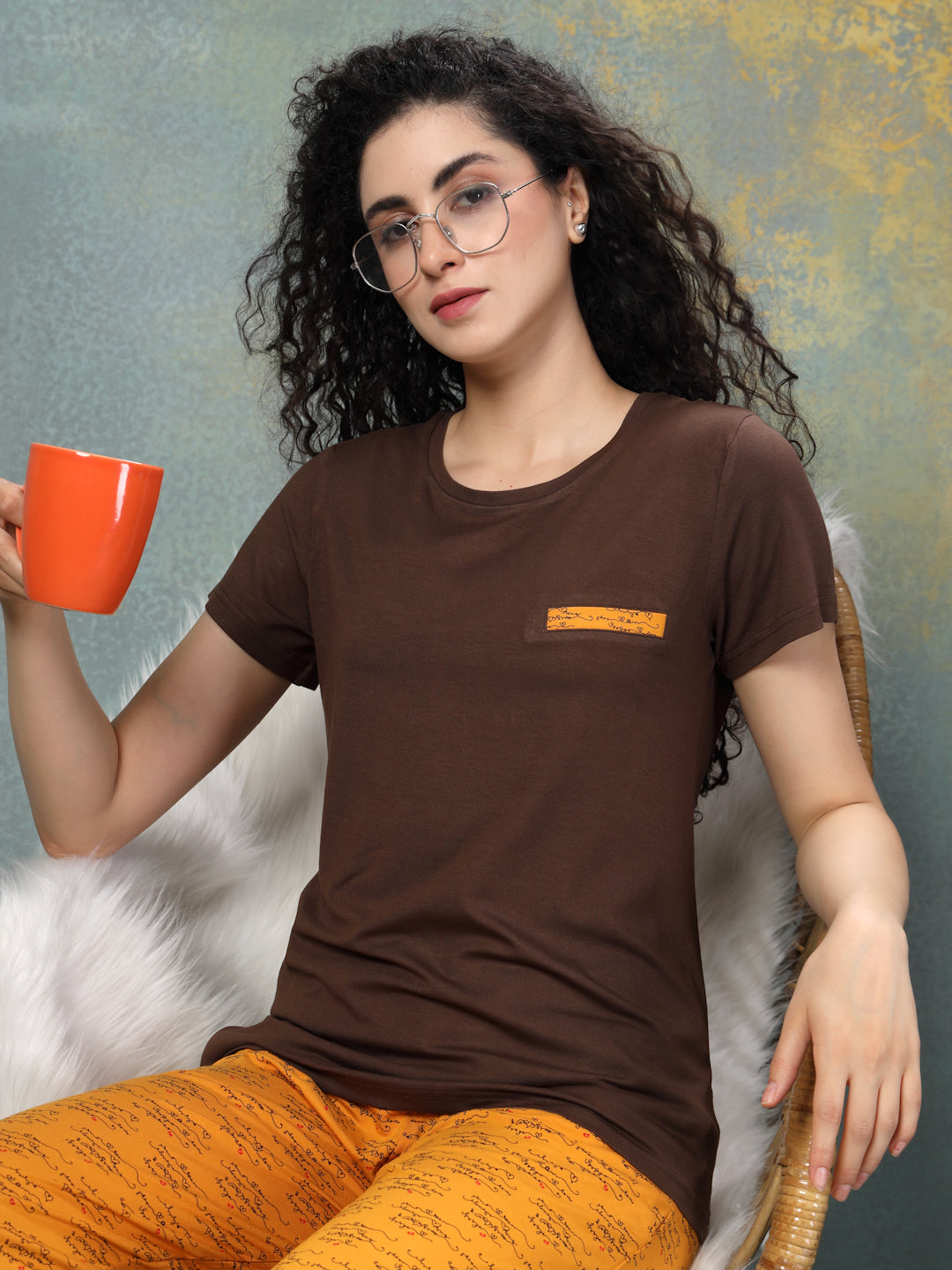 Mocha Script-Print Modal Nightsuit