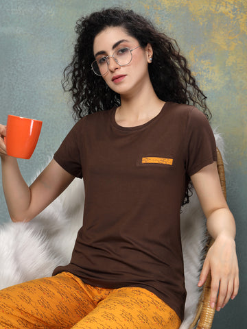 Mocha Script-Print Modal Nightsuit