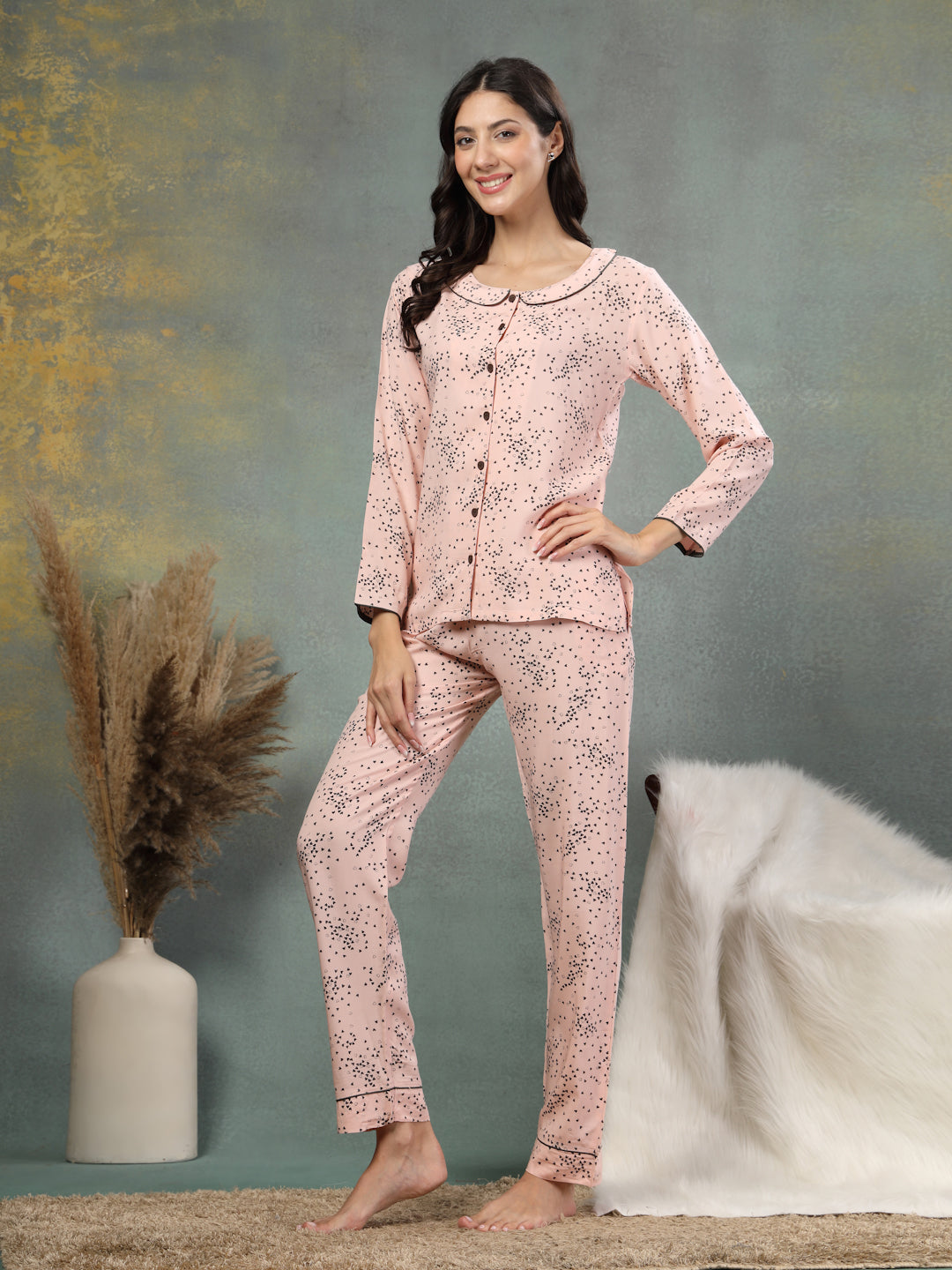 Rosette Heart-Print Viscose Nightsuit