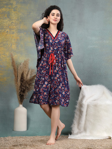 Navy Bloom Satin-Neck Kaftan