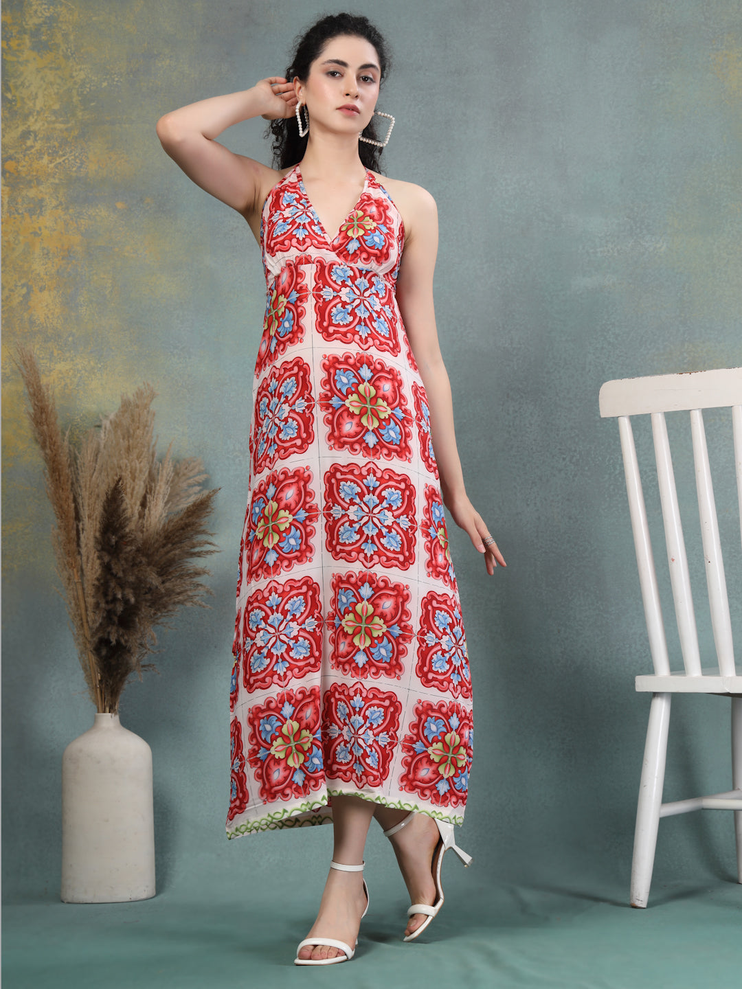 Riviera Tile-Print Halter Dress