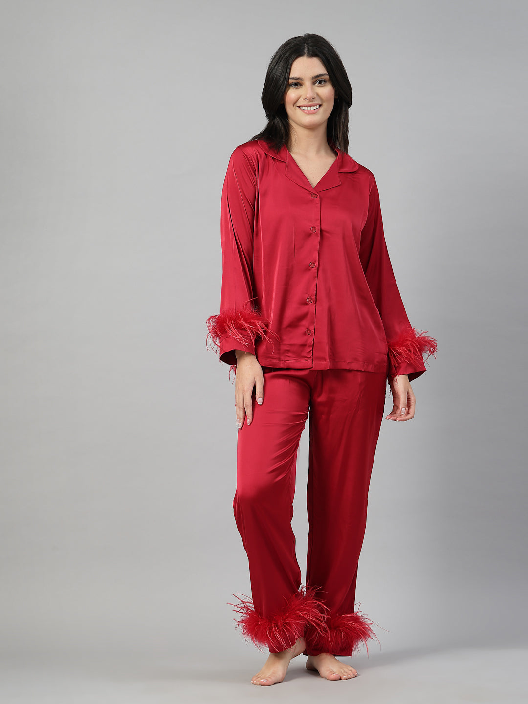 Eira Fur-Trimmed Satin Set