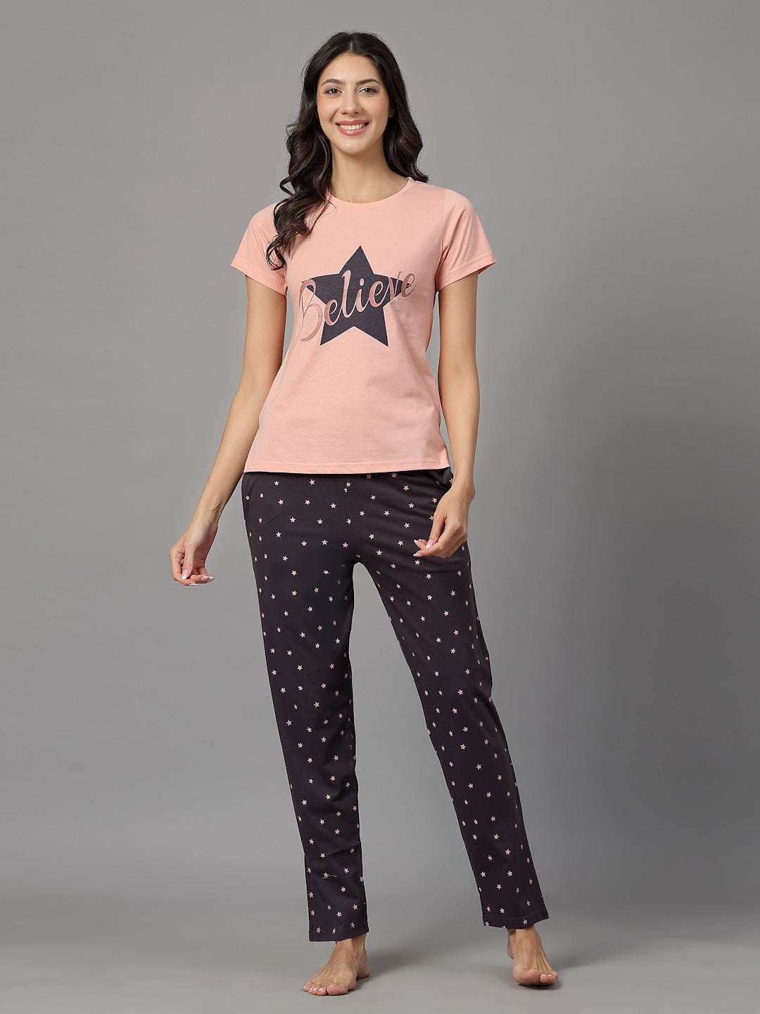Peach 'Believe' Star-Print Nightsuit