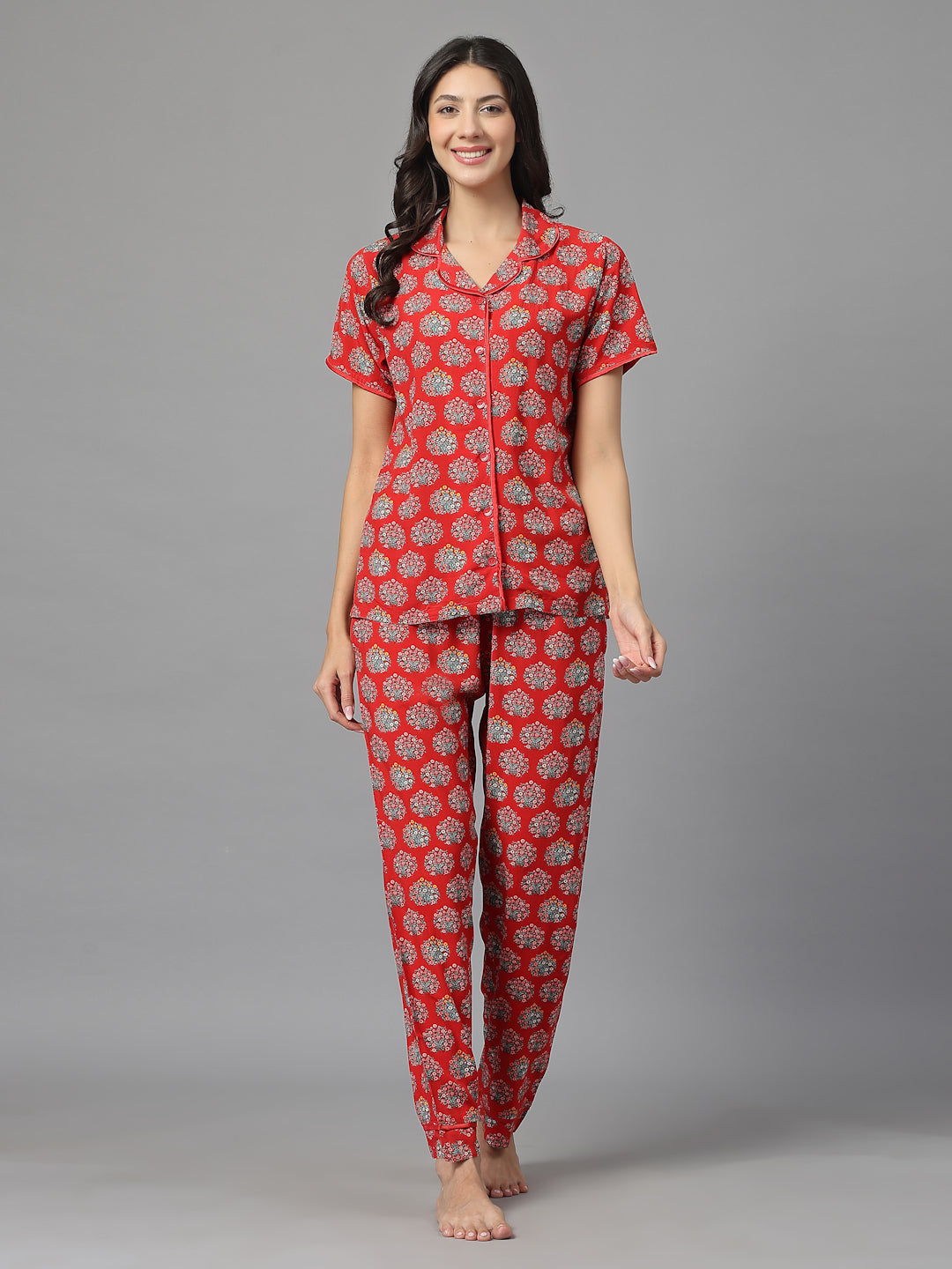 Crimson Bloom Viscose Nightsuit