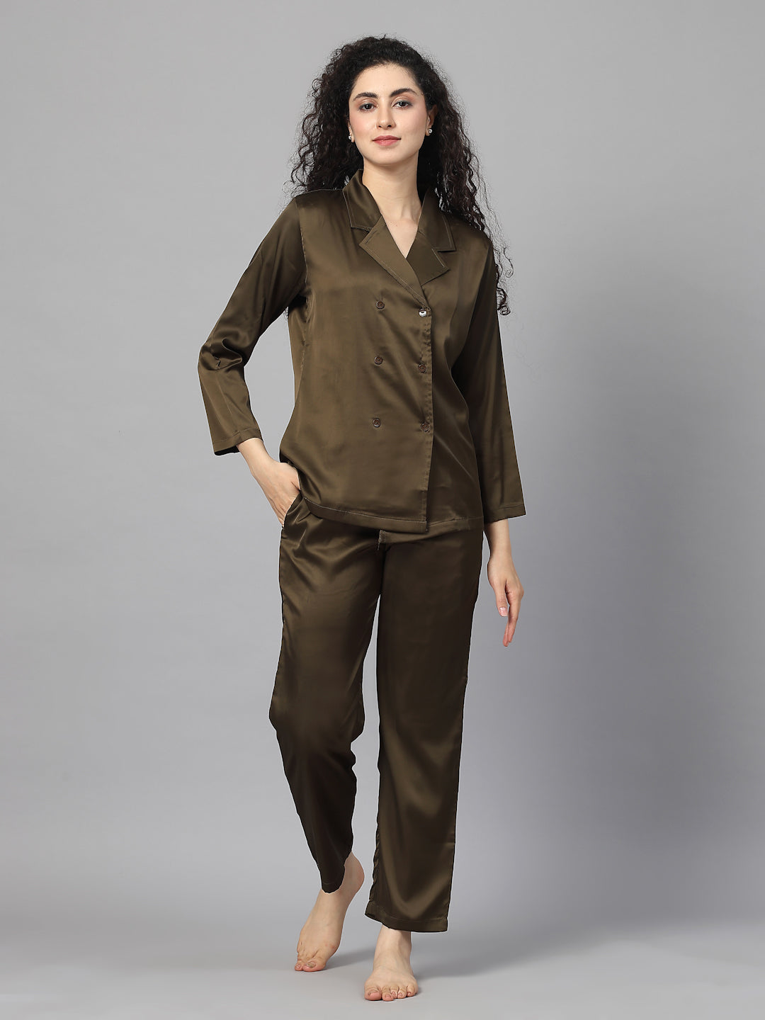 Olive Double-Breasted Satin Set