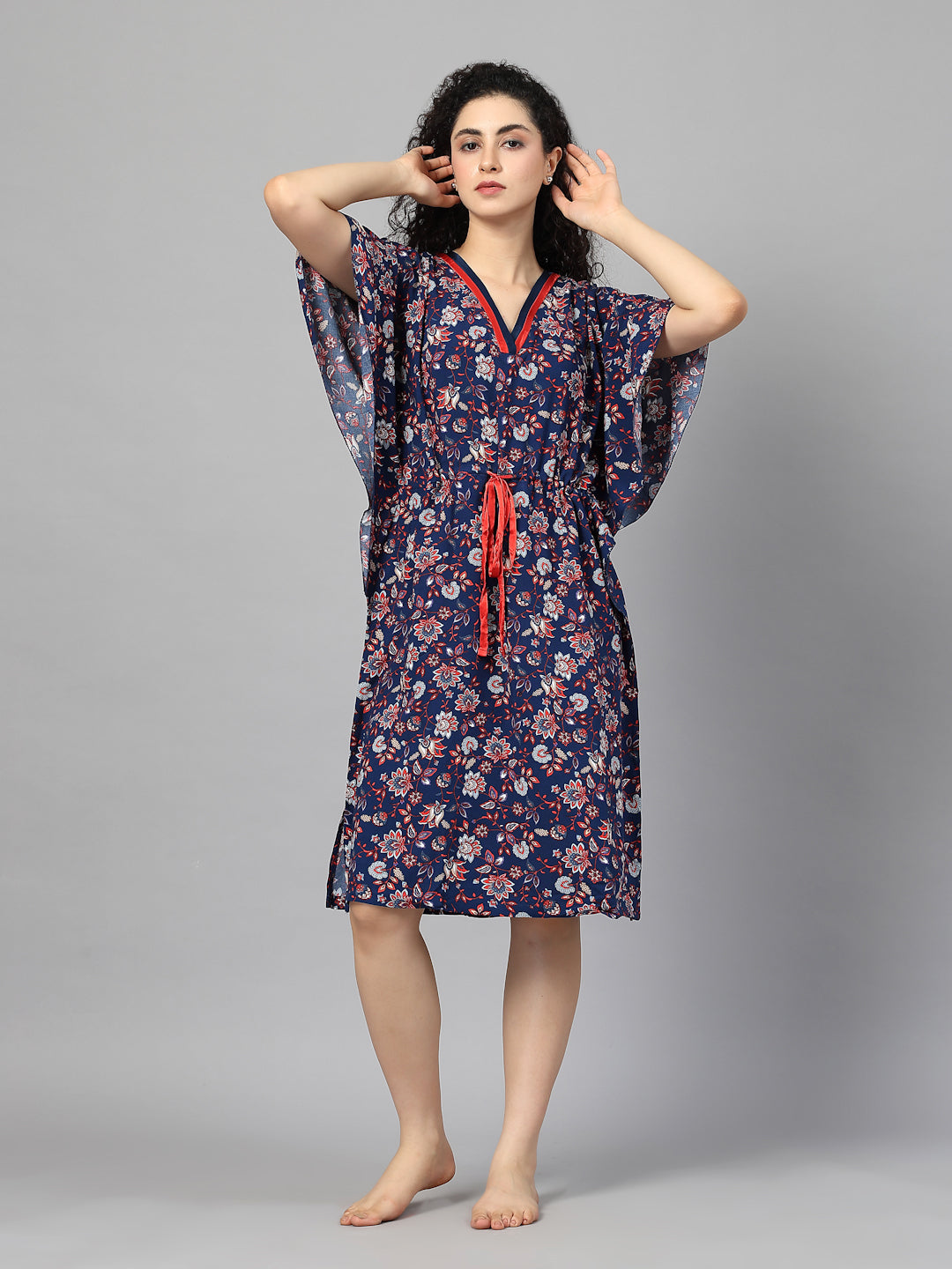 Navy Bloom Satin-Neck Kaftan